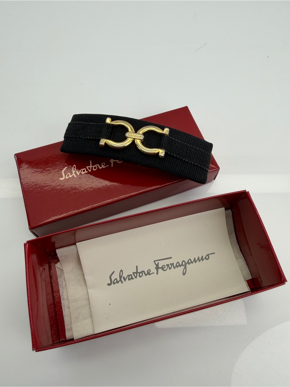 Salvatore Ferragamo Black Grosgrain Bow Barrette with Gold Double Gancini